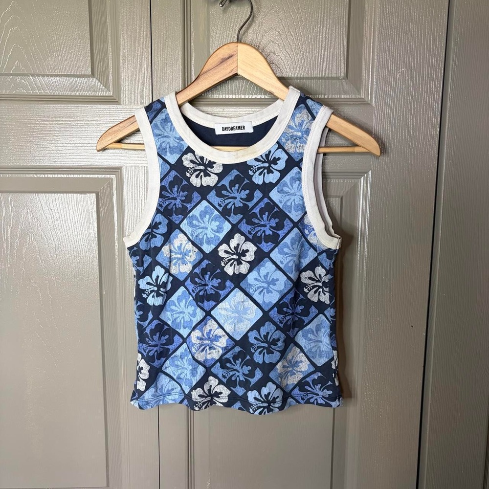 Daydreamer Womens Blue White Hibiscus Floral Tank Top Y2K Cami Size S